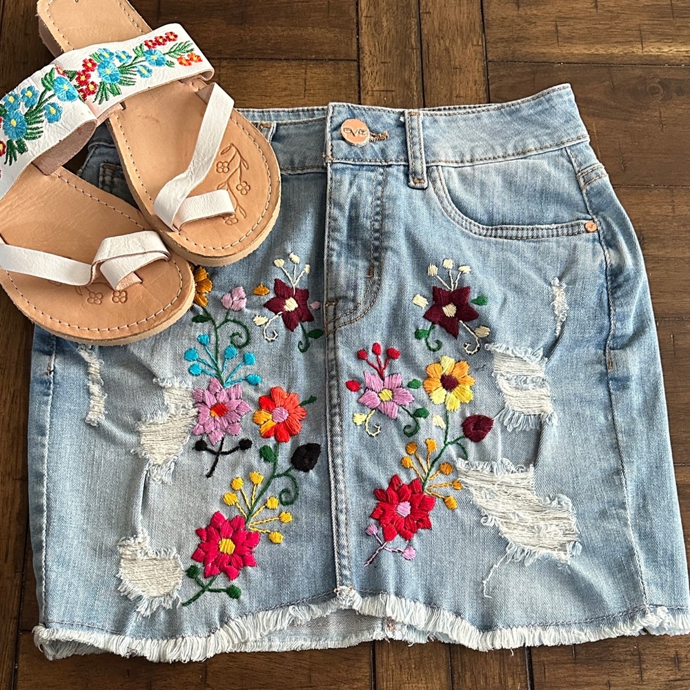 Light Blue Denim Skirt with Colorful Floral Embroidery